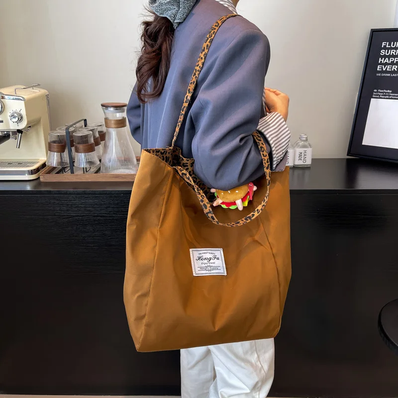 Leopard Print Women's Canvas Bag Wild Casual Large-Capacity Double-Sided Single-Shoulder Bag Eco-Friendly Commuting Shopping Bag