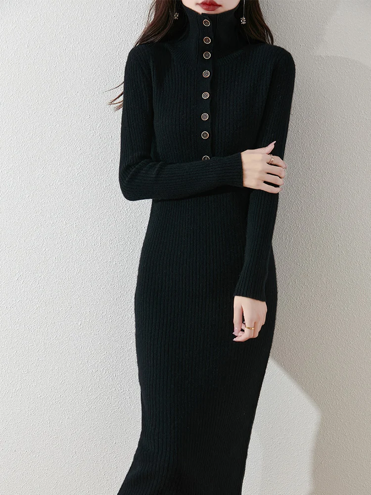 100% Merino Wool Elegant Slim Knitted Dress Autumn Winter Women's Single Breasted Long Sleeved Dresses Warm Long Sweater Skirt