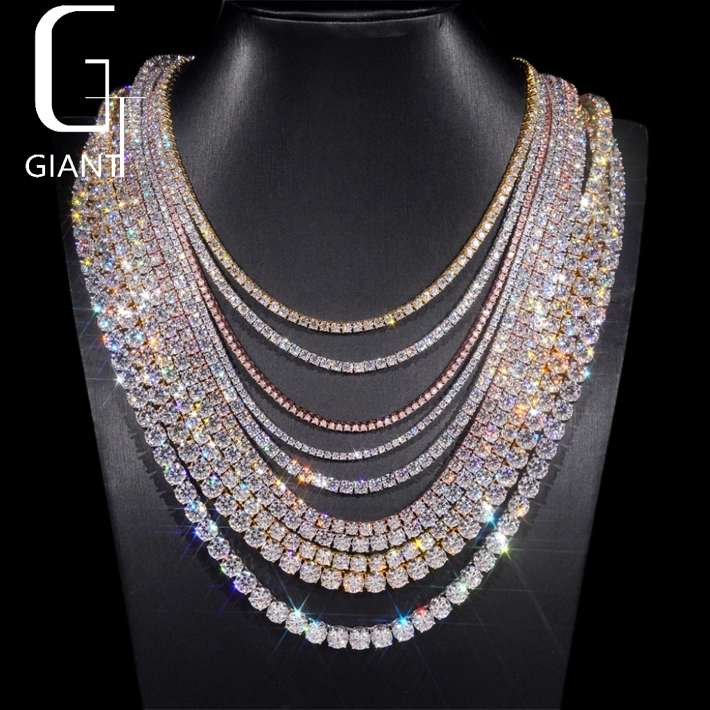 2/3/4/5/6.5mm Giant Moissanite Tennis Chain HipHop Jewelry 925 Sterling Silver Moissanite Diamond Tennis Link Chain Necklace GRA