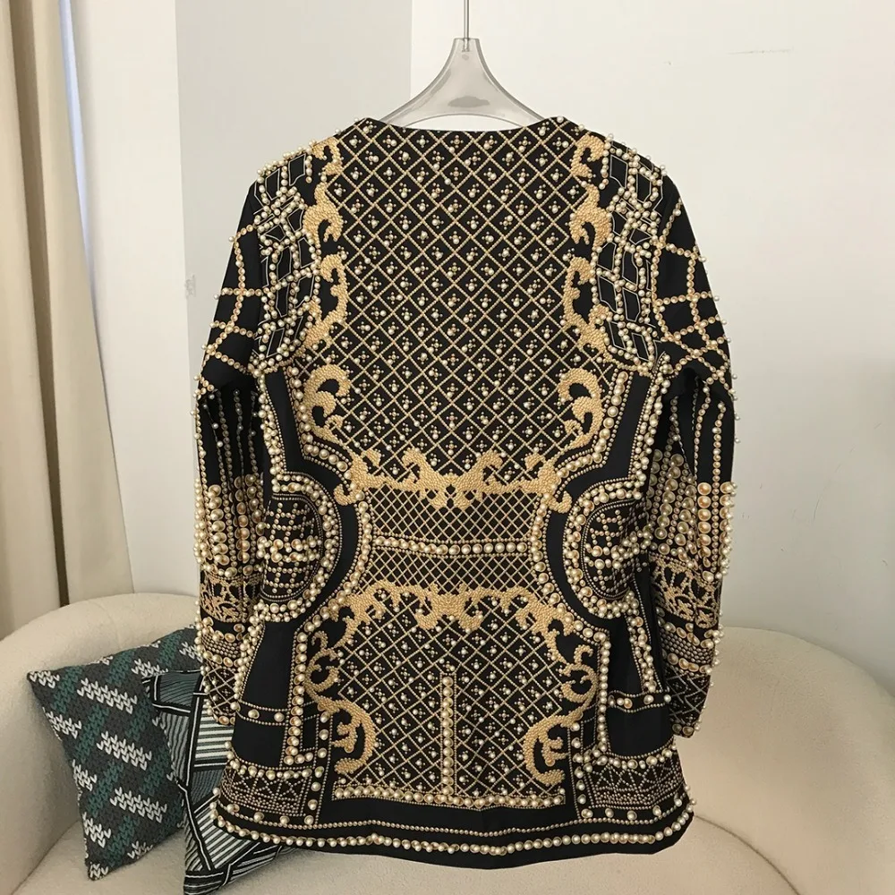 Newest 2024 Stylish Designer Jacket Women\'s V-neck Long Sleeve Luxurious Metallic Beaded Long Blazer High Street Vintage Pearls