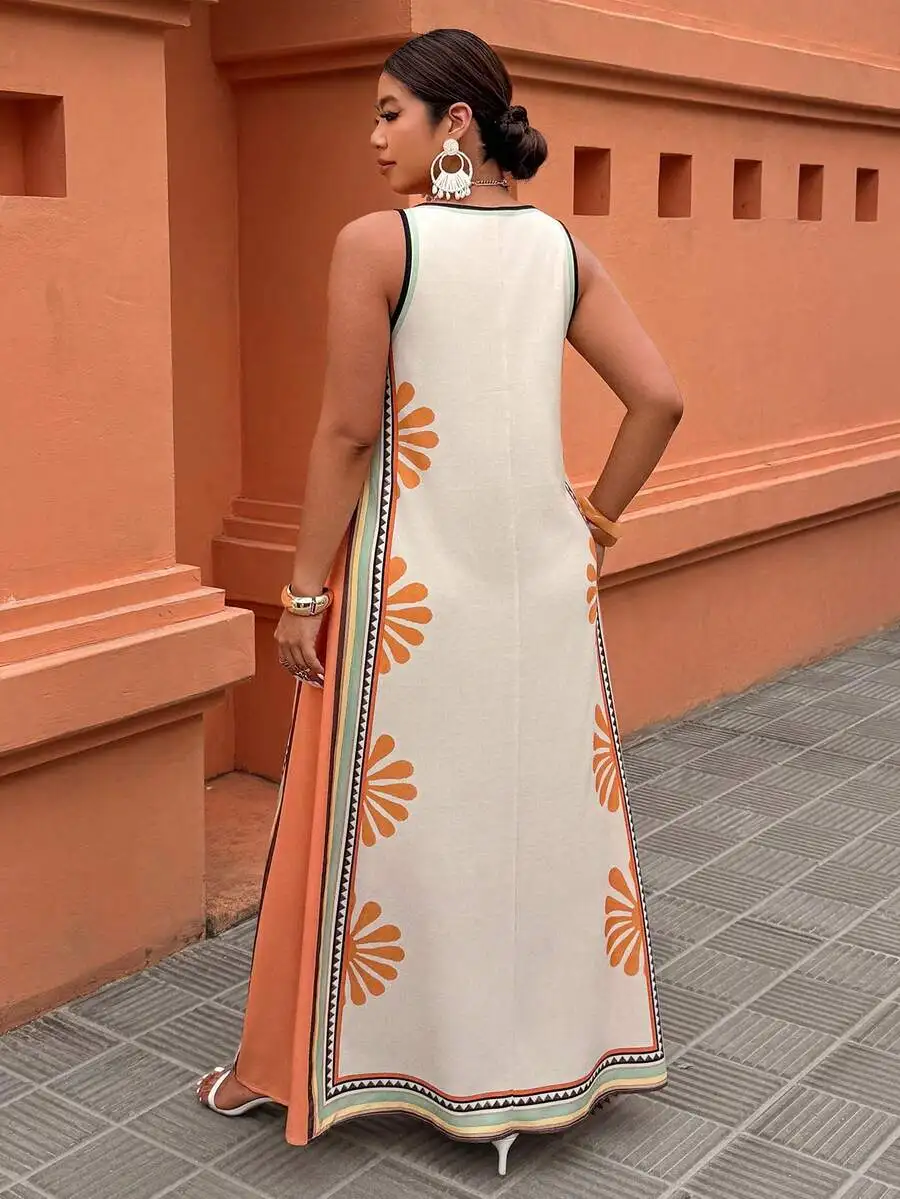 

Apricot Sleeveless Printed Long Vintage Bohemian Casual Vacation Dress For Women