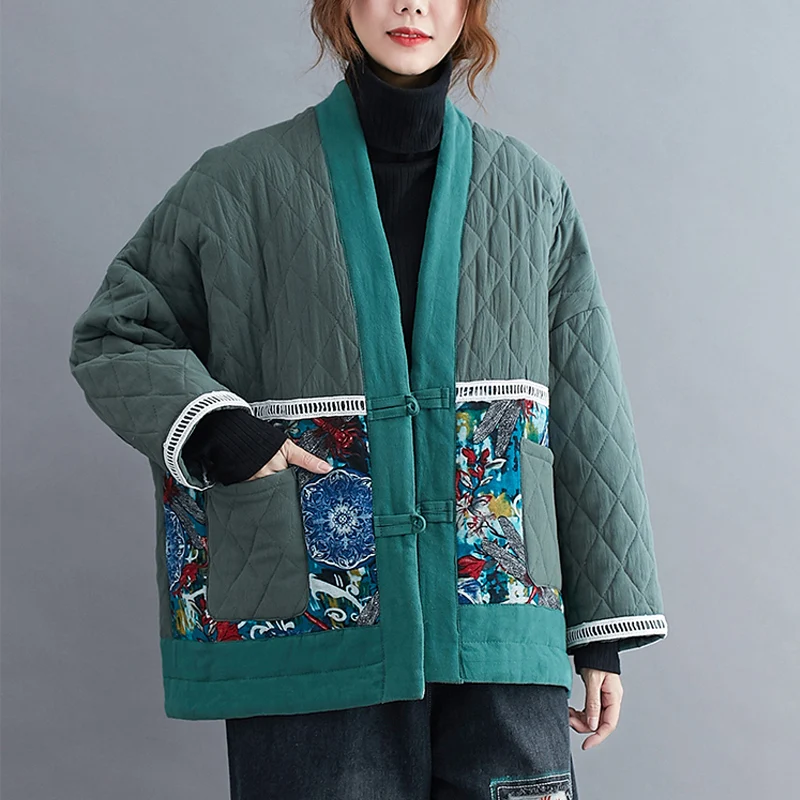 2024 New Autumn Winter Cotton Linen Buttons Women Coat Casual Loose Cotton-Padded Jackets Female Quilted Outerwear Parkas