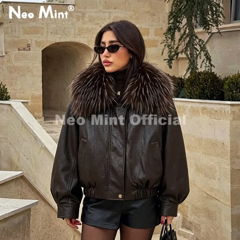 Neo Mint Exclusive Faux Raccoon Fur Collar Brown PU Leather Jacket Women 2026 Winter Warm Windproof Insulation Faux Leather Coat