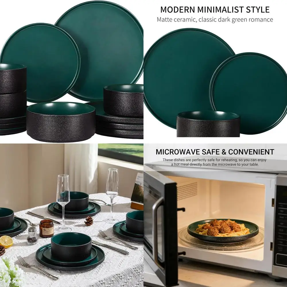 

4-Person Stoneware Dinnerware Set, 12-Piece Malachite Green Ceramic Plates and Bowls, Microwave & Dishwasher Safe, Lead-Free Han
