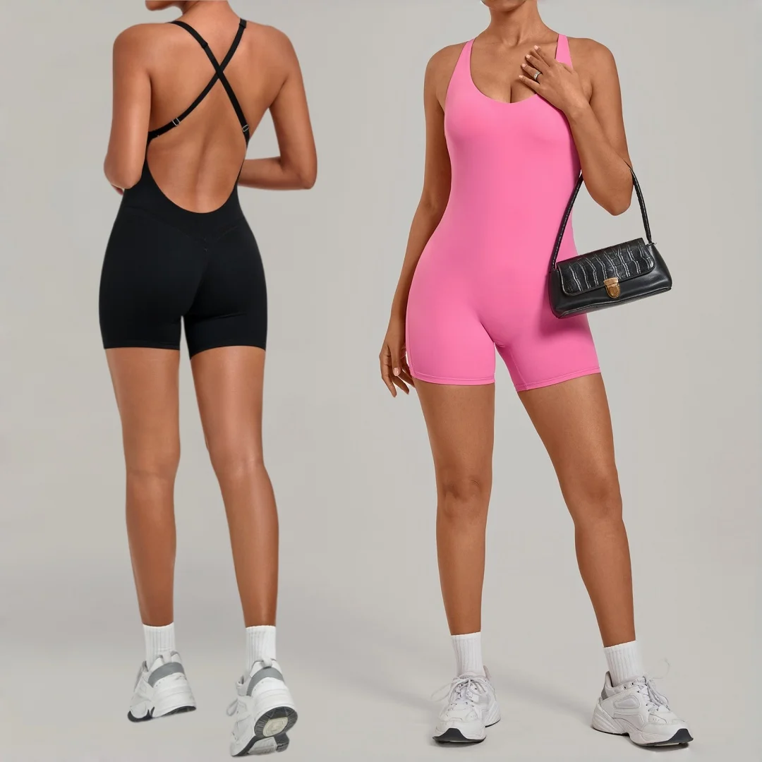Women's Seamless Yoga Jumpsuit Sports Fitness Hip Lift Tight Backless One-Piece Running Pilates Workout Gym Shorts Yoga Bodysuit