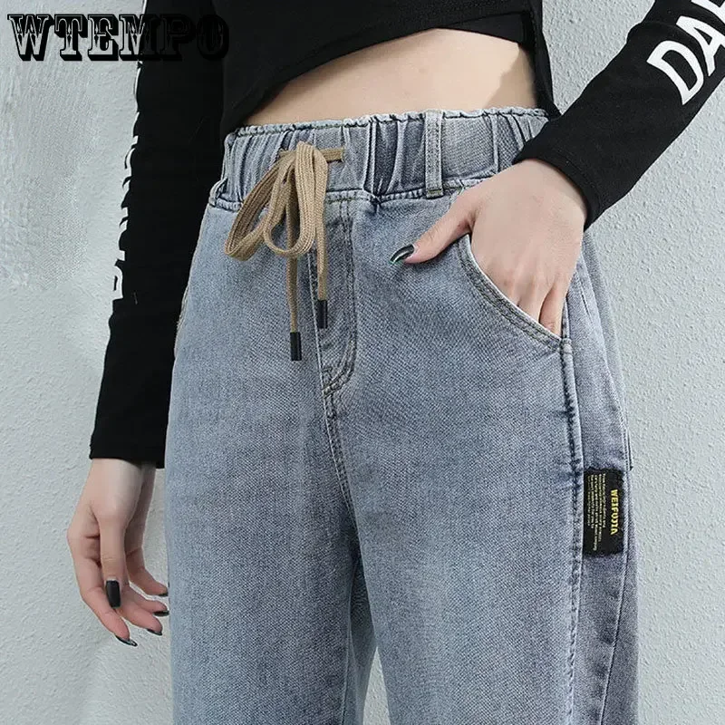 Wtempo Denim Harem Broek Vintage Elastische Hoge Taille Jeans Vrouwen Casual Enkel Lengte Jeans Herfst Nieuwe Cowboy Lange Broek Streetwear