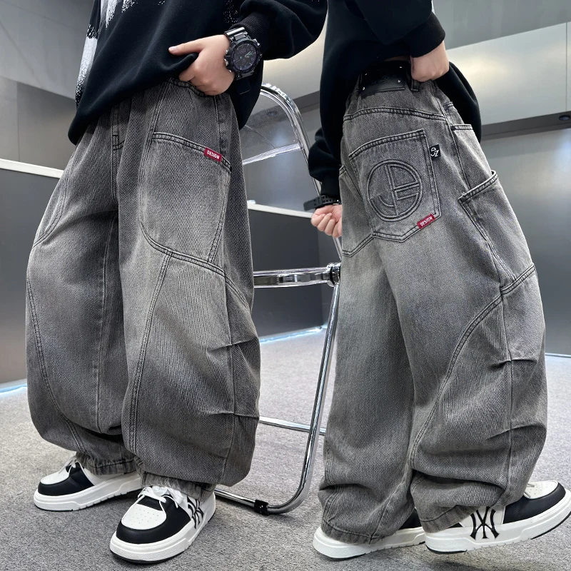 

New Autumn Children Relaxed Fit Embossed Jeans For Boys Gray Washed Denim Pants Kids Loose Causal Baggy Jeans Trousers Age 5-14Y