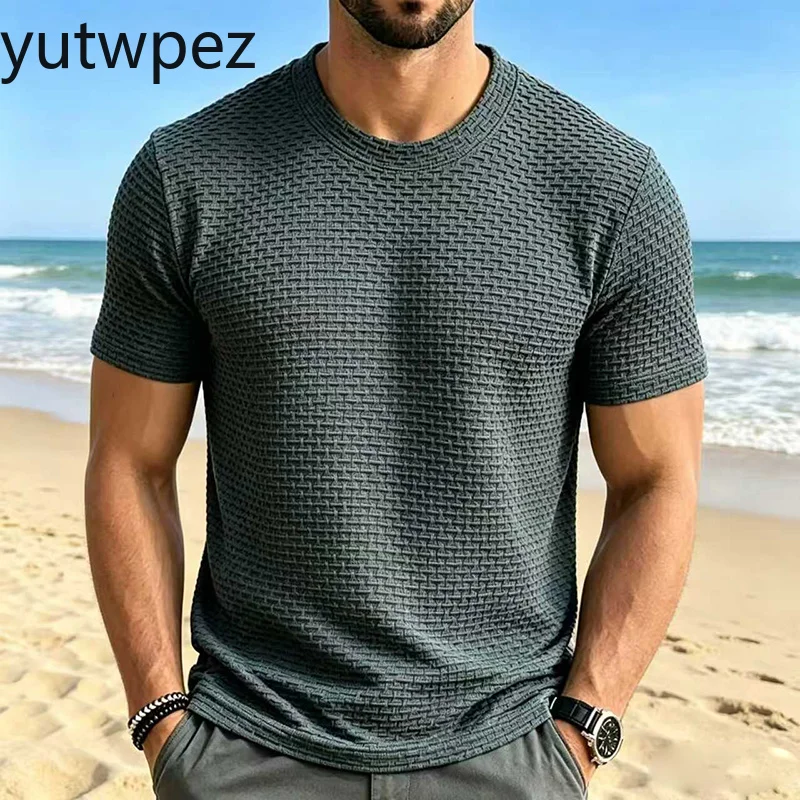 Hochwertiges Eisseide T-Shirt mit Lochmuster für Herren, Kurzarm, Rundhals, Sommer-Oberbekleidung, Dünnes Einfarbiges Sport-T-Shirt