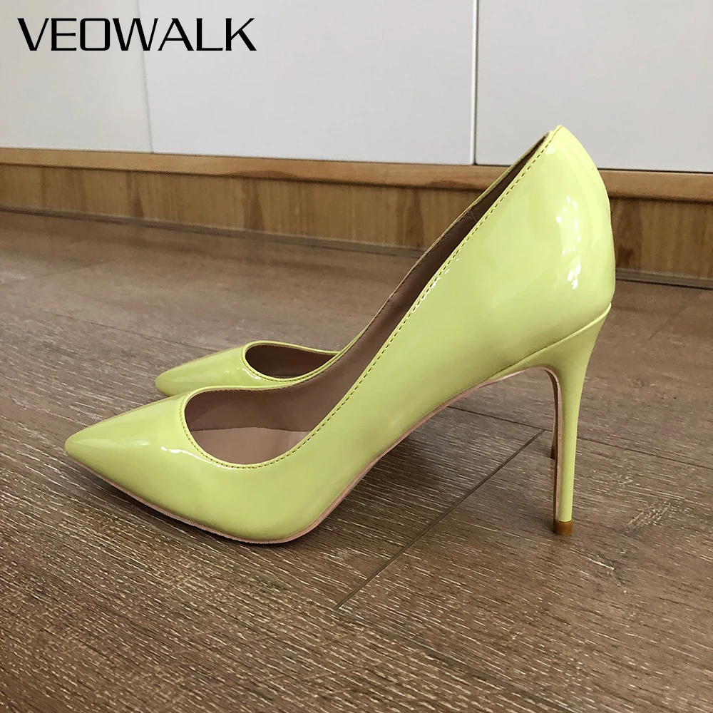 

Veowalk Comfortable Sexy Light Green Women Patent Pointed Toe Stiletto Pumps Elegant Lady Slip On 12cm High Heel Dress Shoes