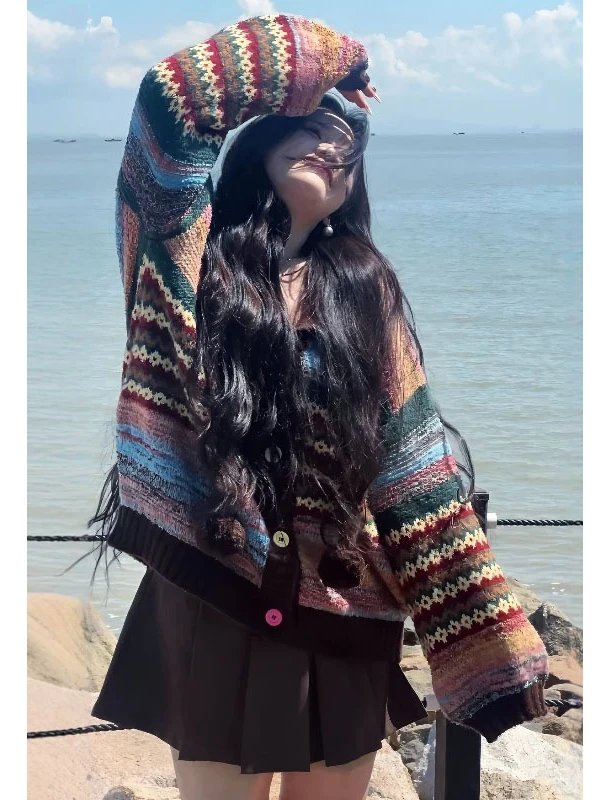 

Женская вязаная кофта-худи оверсайз в винтажном стиле с цветными полосками, весенняя, свободного кроя, стройнящая, модная повседневная одежда