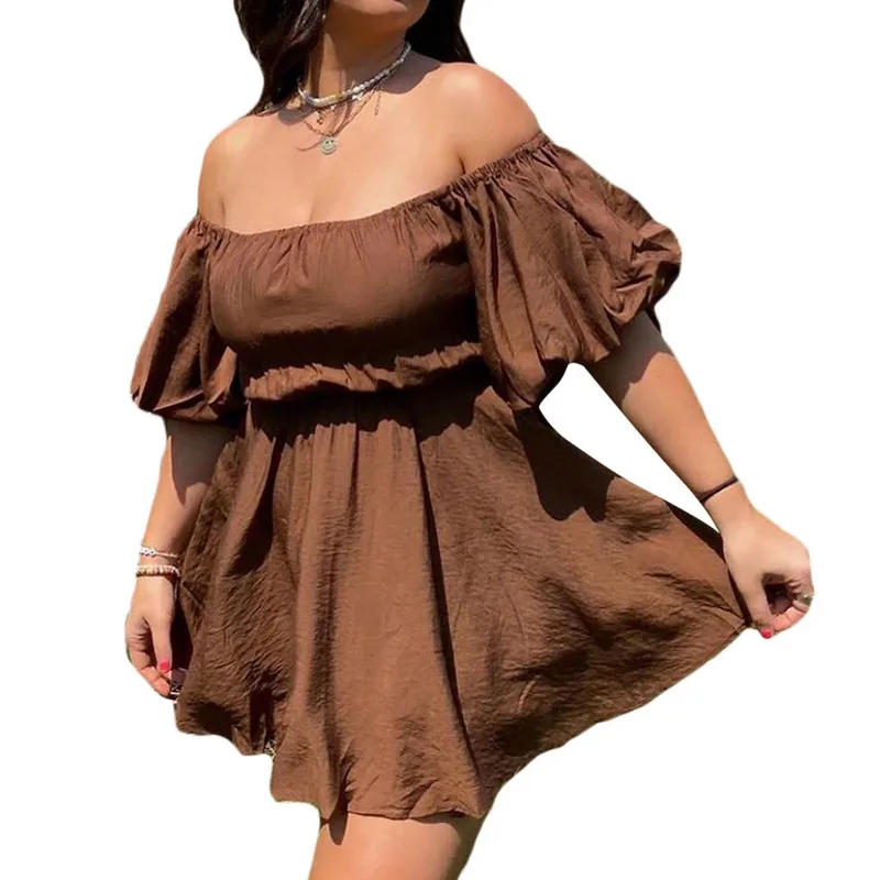 Wpnaks Vrouwen Boho Mini-Jurk Zomerkleding Effen Kleur Elegante Zoete Korte Pofmouw Off-Shoulder Tuniek Jurk Streetwear