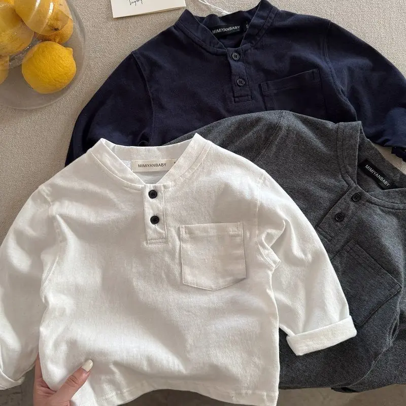 

Boys and Girls T-shirt Long Sleeved Children's Base Shirt Spring and Autumn Small V-neck Solid Color Base Shirt Kids Clothes
