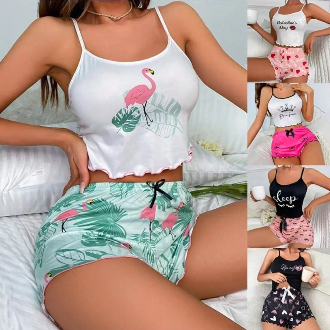 

Summer Women's Milk Silk Printed Crown & Flamingo Shorts Tank Top Two-Piece Set Casual Loungewear Homewear Sleepwear