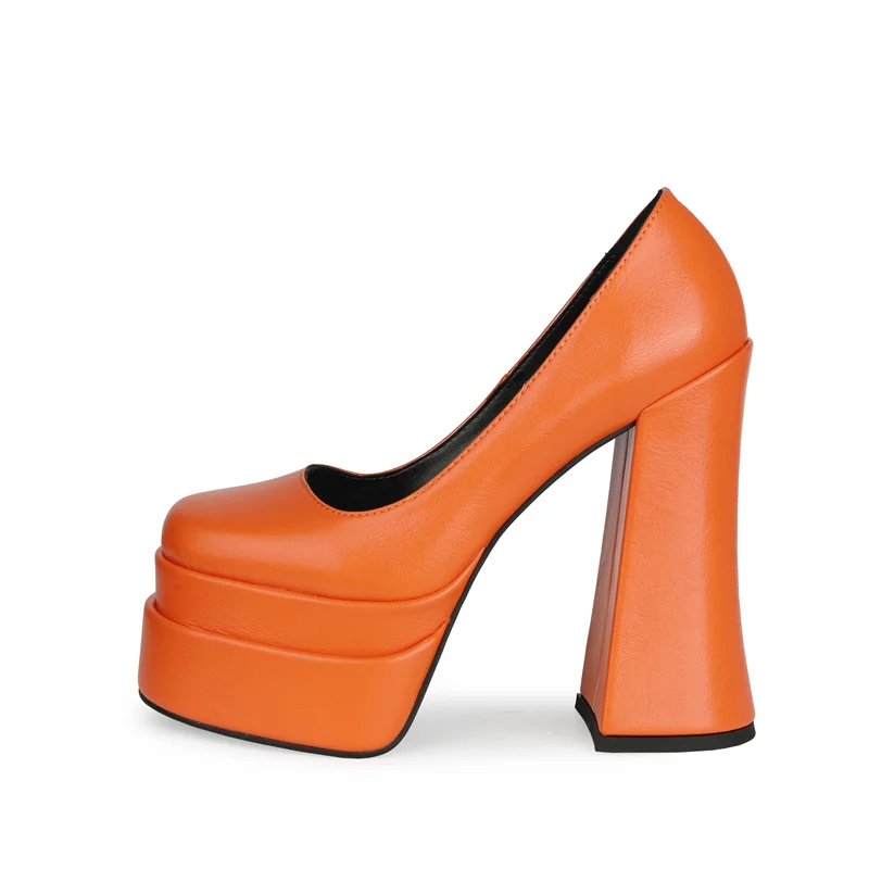 

2024 Summer Double Platform Office Lady Pumps Ladies Block High Heel Platform Footwear Dress Women Shoes Blue Pink Green Orange