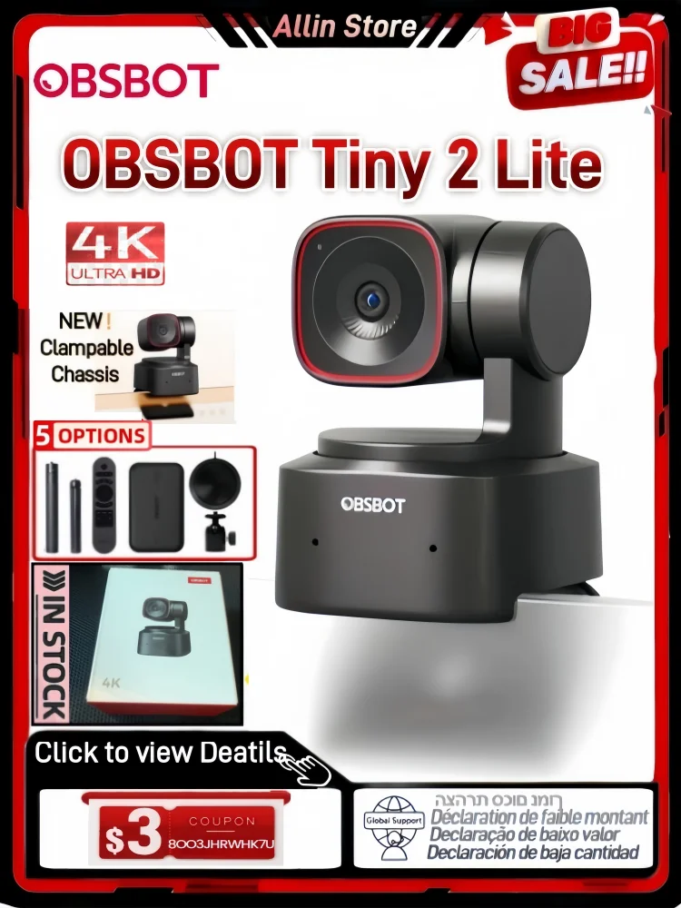 .OBSBOT Tiny 2 Lite PTZ 4K Webcam 1080p@60fps HDR With AI Tracking Privacy Cover Microphone 1/2