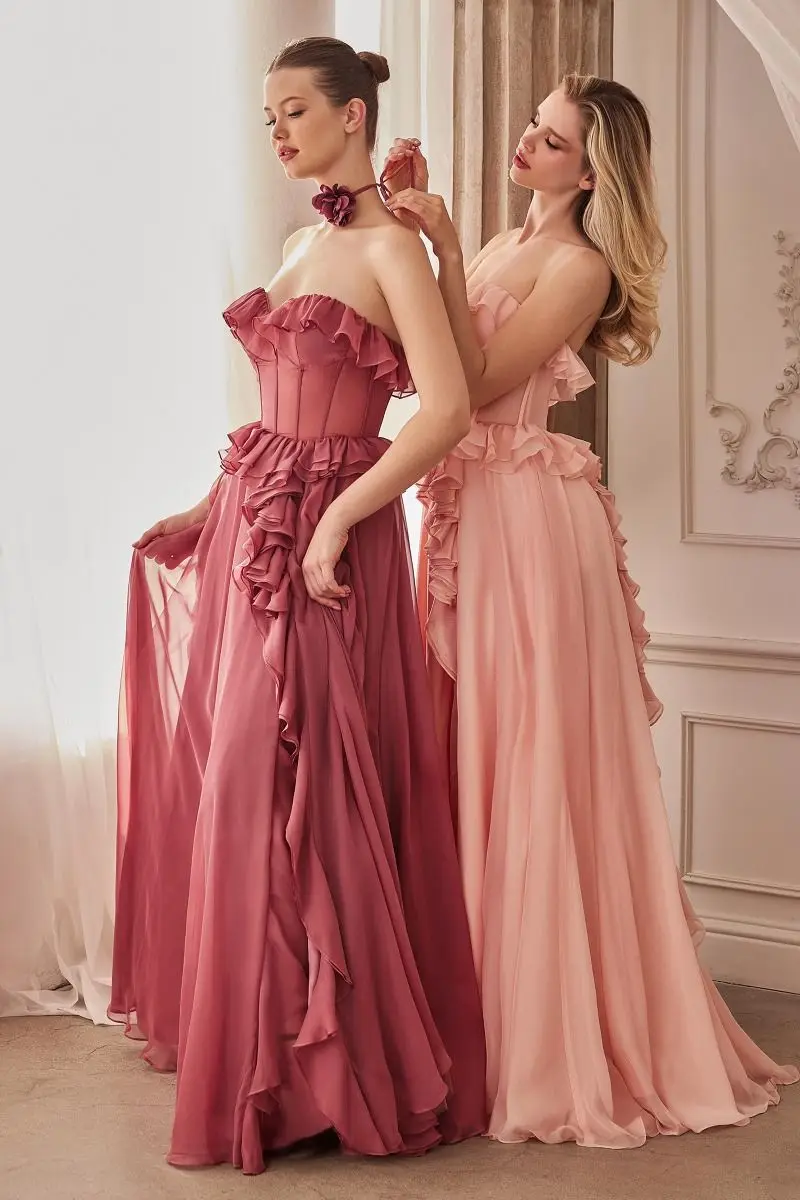 Luxury Sweetheart Strapless Evening Dresses Elegant Chiffon Stringy Selvedge Ruffles Backless Lace Up Prom Gowns Princess Dress