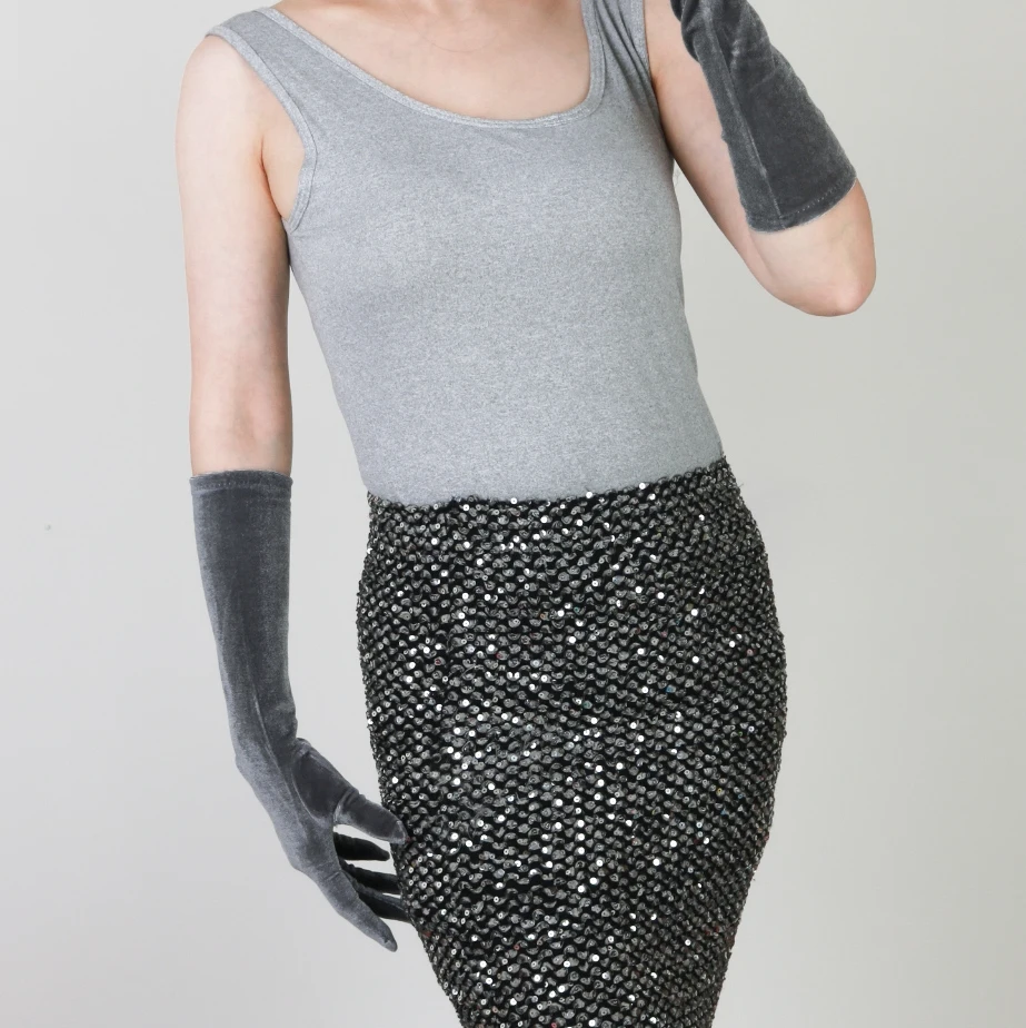 60 cm lange Samthandschuhe für Damen, elastischer Velours, Flanell, lila, thermisch, elegante Armstulpen, sexy Vintage-Mode, 1920er Abendmode – Detail 8