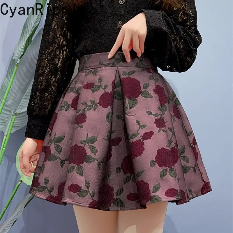 Korea New Spring Summer Rose Jacquard Short A-line Skirt All-match Elegant High Waist Vintage Mini Pleated Skirt Dating Shopping