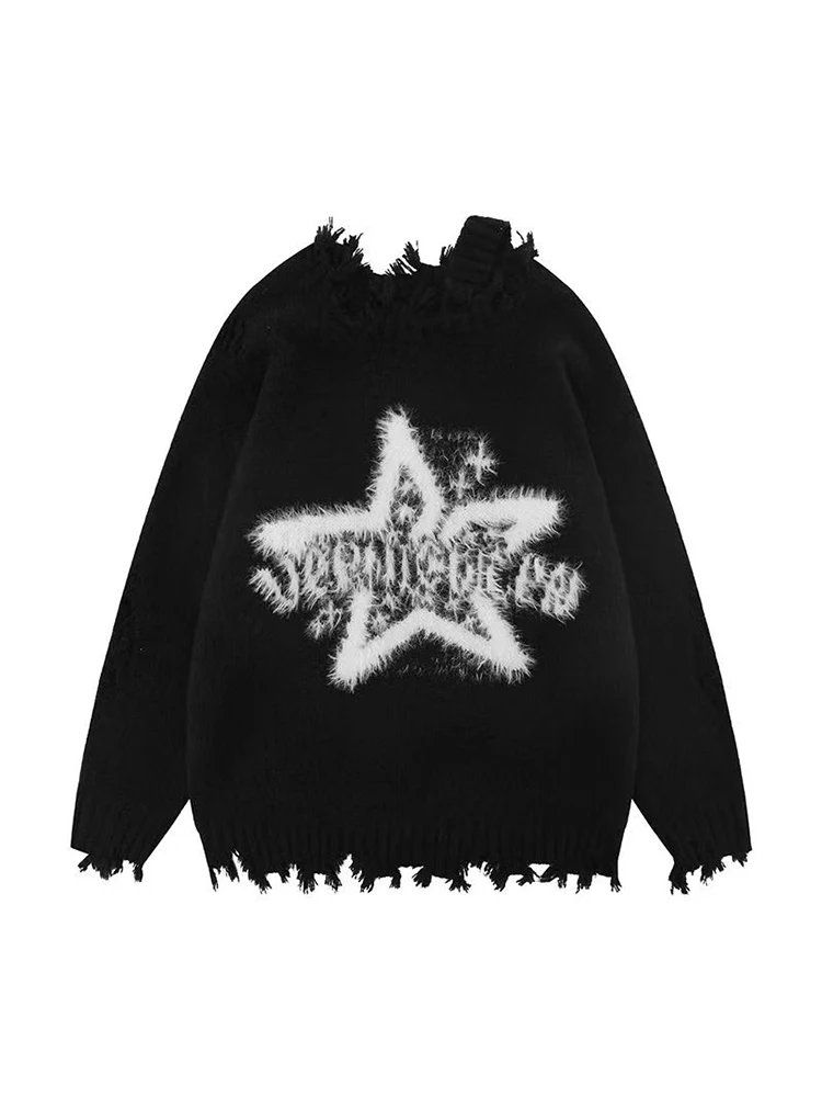 Women\'s Black Gothic Pullover Sweater Harajuku Korean Y2k Long Sleeves Jumper Knit Star Sweaters Vintage 2000s Oversize Clothes