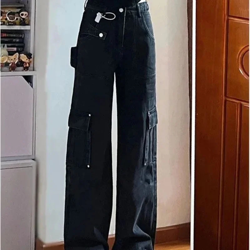 Spodnie Retro Damskie Cargo Jeans High Waist Shot Xxl Unique Hippie Cool Medium Grunge Y2k Cowboy Pants for Woman Stretched Emo