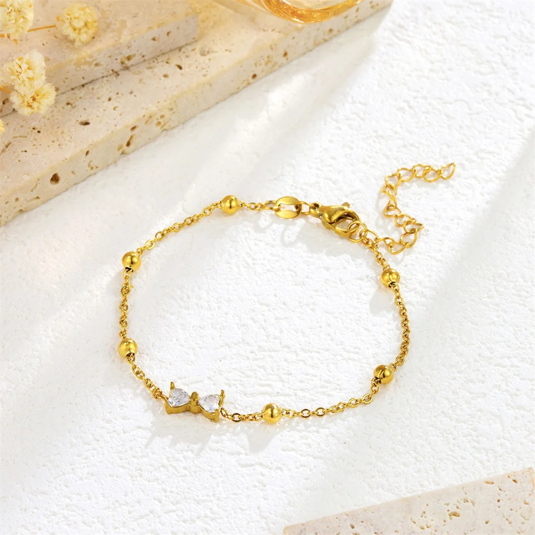 Punk Fashion Zirconia Bowknot Bow Charm Bracelet Female Gold Color Stainless Steel Bead Chain Link Bracelets for Women Jewelry