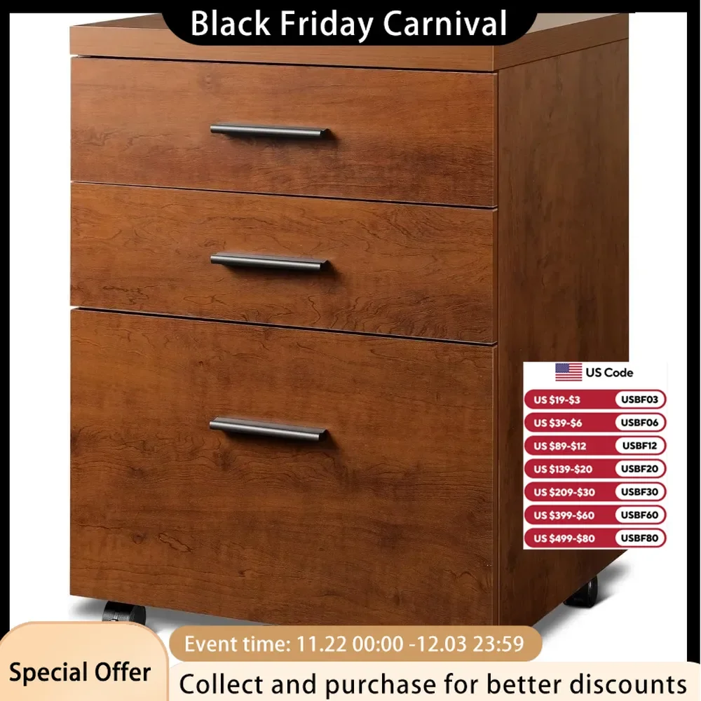 3-drawer Filing Cabinet, Suitable for Home Offices, Wooden Under Desk Filing Cabinet, with Wheels, Walnut Wood