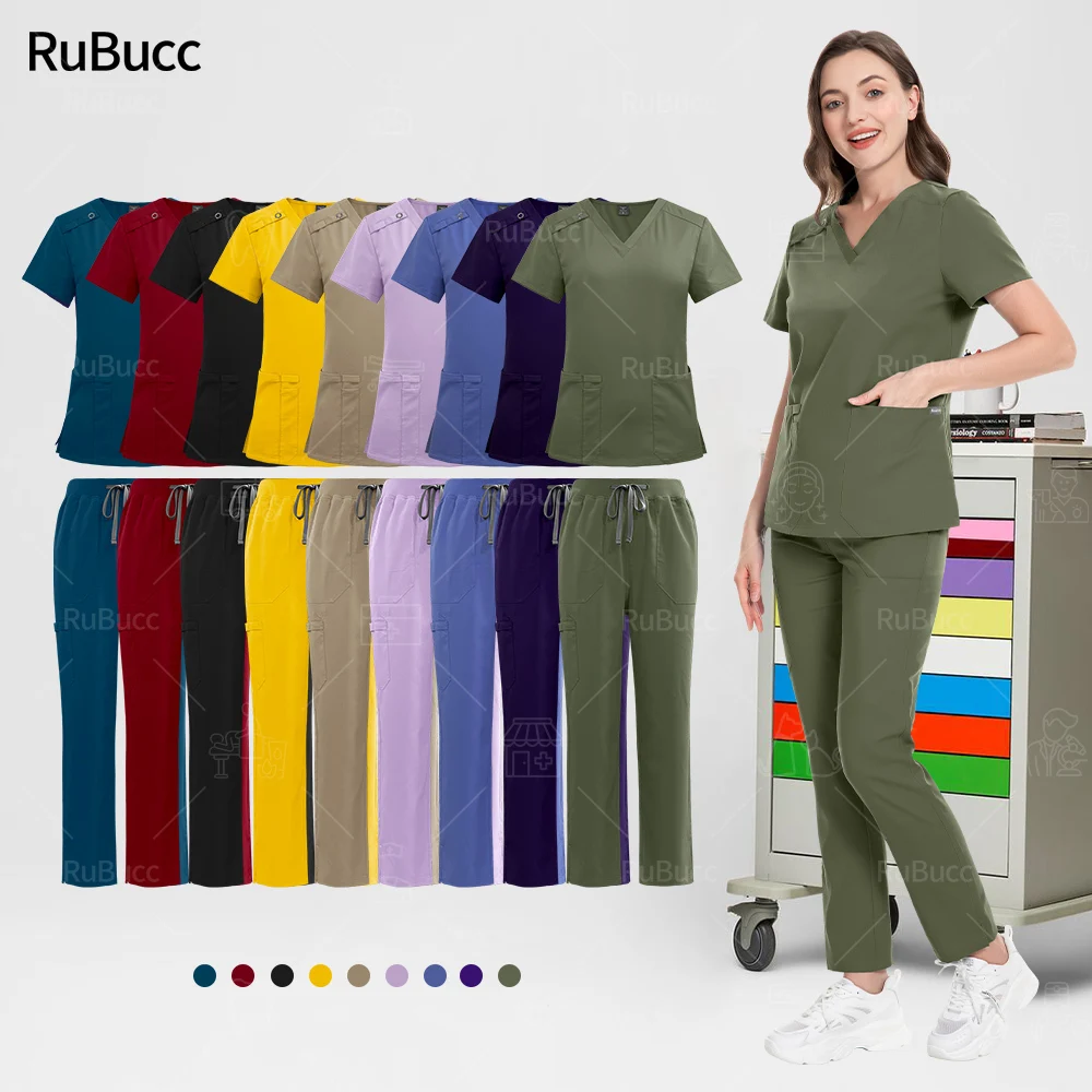 

Multicolor Pet Medical Workwear Nursing Scrubs Uniform Suit Short Sleeve Surgical V-neck Tops+Pants Sets Women Nurse Accessories