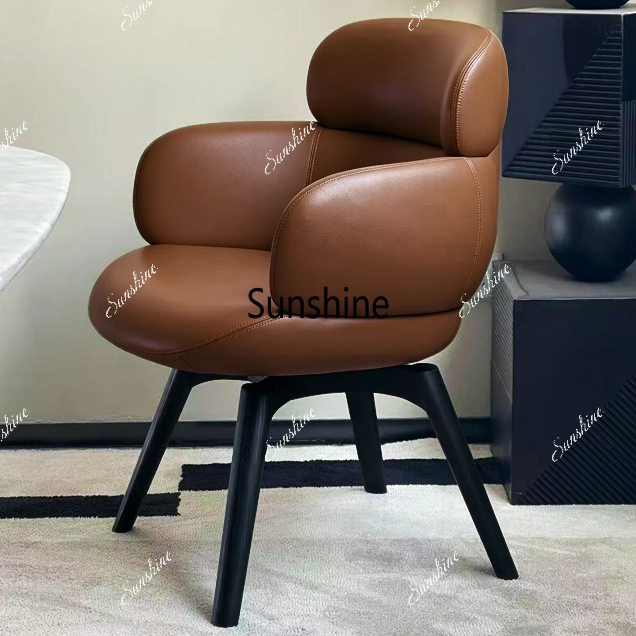 Modern simple leather single sofa solid wood rotating dining chair