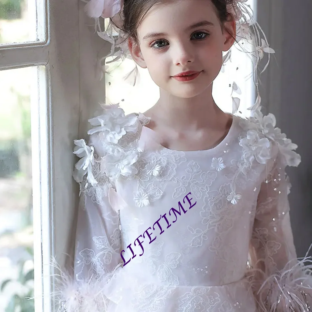 فستان بناتي أبيض مخصص مع نصف كم تصميم زهور ثلاثي الأبعاد على طراز الأميرة لحفلات الزفاف وأعياد الميلاد للأطفال