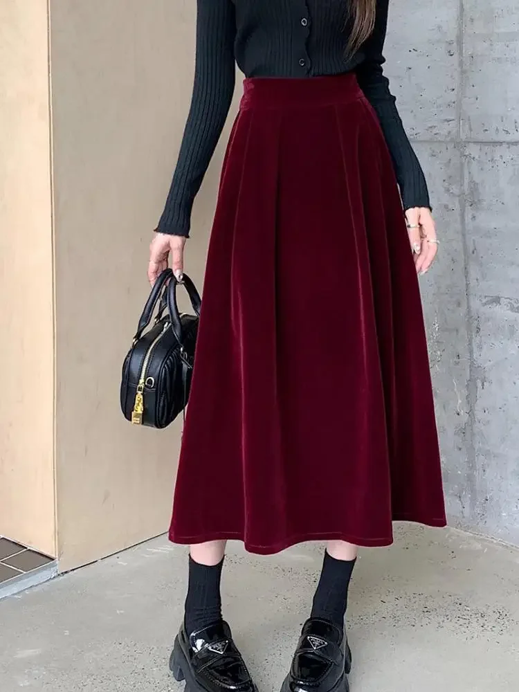 Saia de veludo linha A cintura alta feminina, elegante, vintage, vermelho, preto, festa, plissada, balanço grande, casual, outono, inverno, 2024