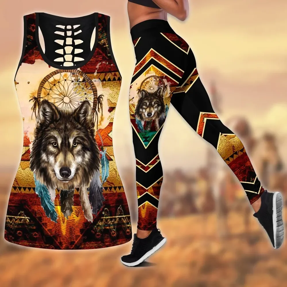 Nowe damskie legginsy styl plemienny Native Indian Wolf 3D legginsy z nadrukiem + Hollow Tank Combo Sexy elastyczne kobiece spodnie Skinny Yoga