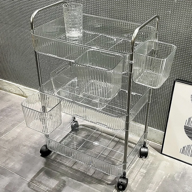 Kitchen Transparent Storage Rack Trolley Cosmetics Kitchen Bathroom Bedroom Multi Storey Snacks Storage with Wheels Small Cart