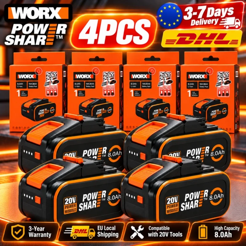100% Original Worx 20V 8.0Ah Lithium Battery Rechargeable WA3553 WA3551 WA3553.1 WA3570 for All WORX Electric and Garden Tools