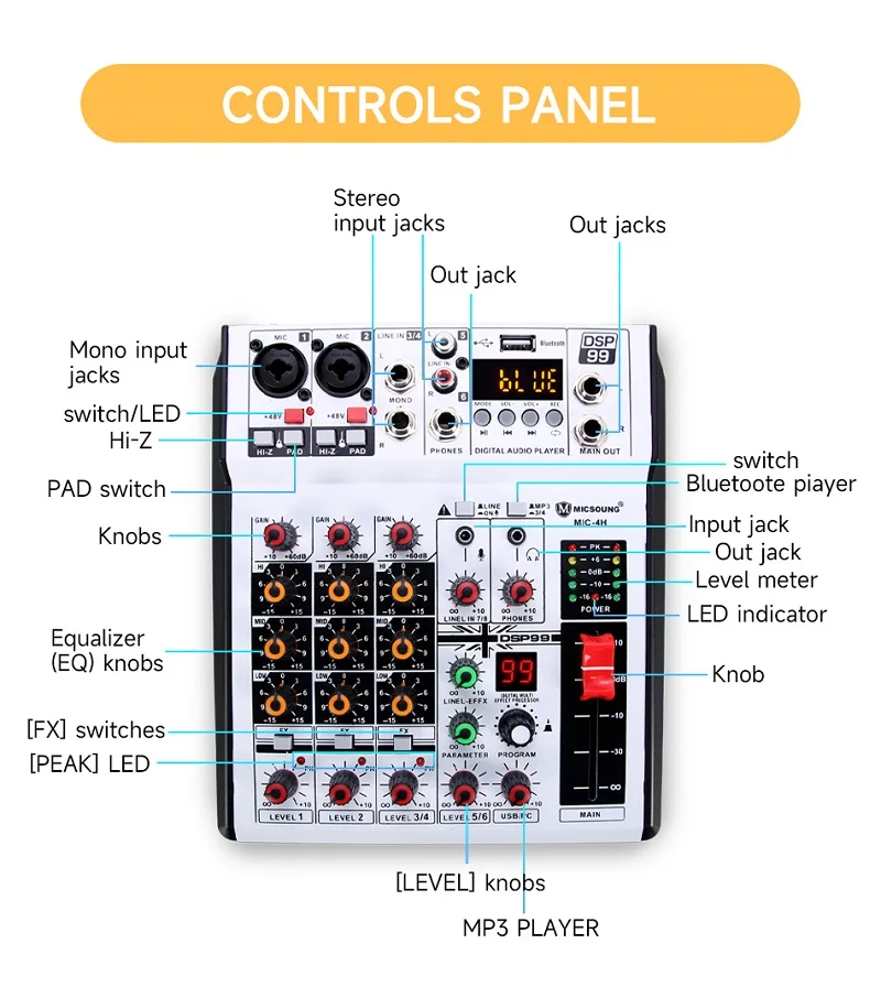 Portable Audio Mixer Sound Desk 6 Channels 99 DSP Guitar Bass Musical Intrument Mic Signal Line In Out Hub Mixing Console