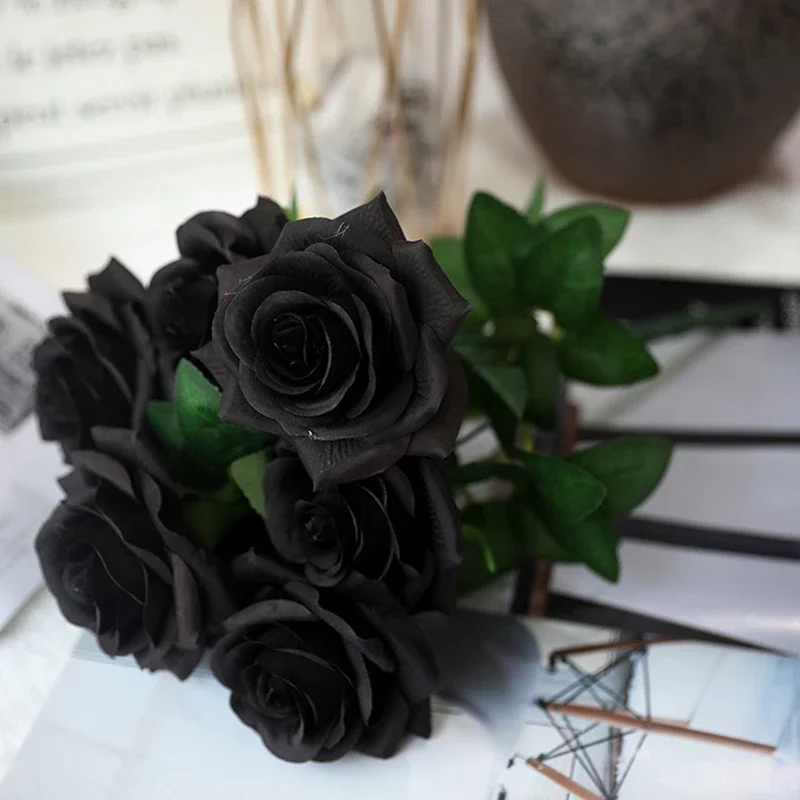 Black Rose Bouquet Artificial Flowers Bride Hand Hold Flower Fake Silk Roses Home Decoration Bridal bouquet Black roses Garland