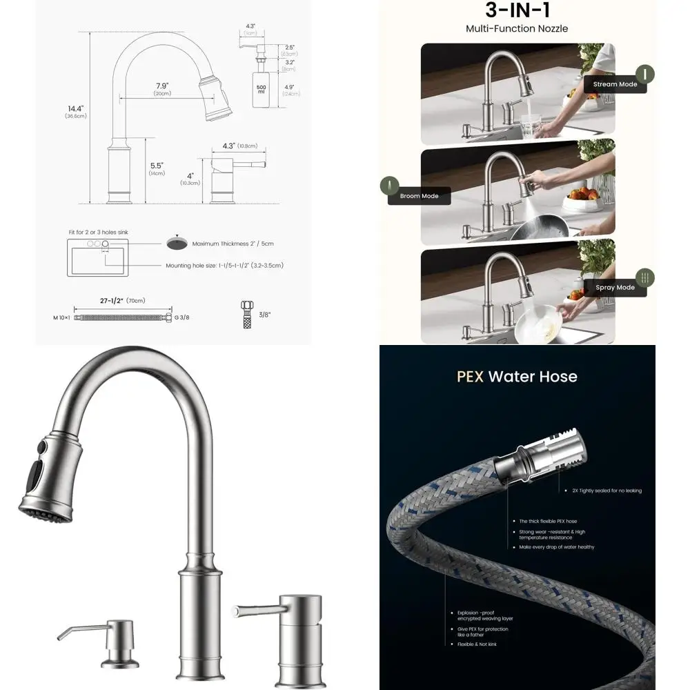 

High-Arc Single Handle Pull-Down Spray Kitchen Faucet with 3-Hole Mount and Soap Dispenser in Stainless Steel Brushed Nickel