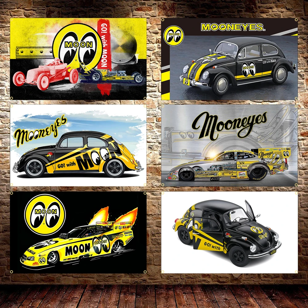 Moon Racing Car Flag Banner Polyester Printed Moon Eyes Poster 60x90cm 90x150cm Decor for Auto Enthusiasts, Room Decor