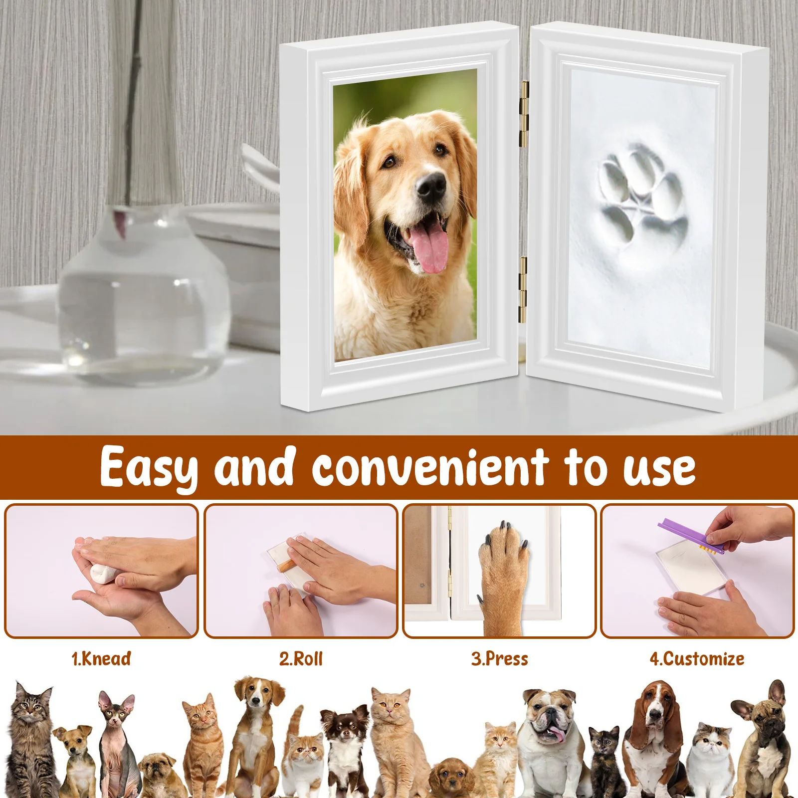 Kit stampe per zampe di cani e gatti con cornice e argilla per impronte Kit ricordo per impronte di zampe per animali domestici fai-da-te per cani Gatti Amanti degli animali domestici Non tossico