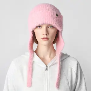 Women Winter Angora Earflaps Hat Warm Fluffy Angora Rabbit Fur Knit Hat Female Thick Fleece Lined Russian Trapper Hat