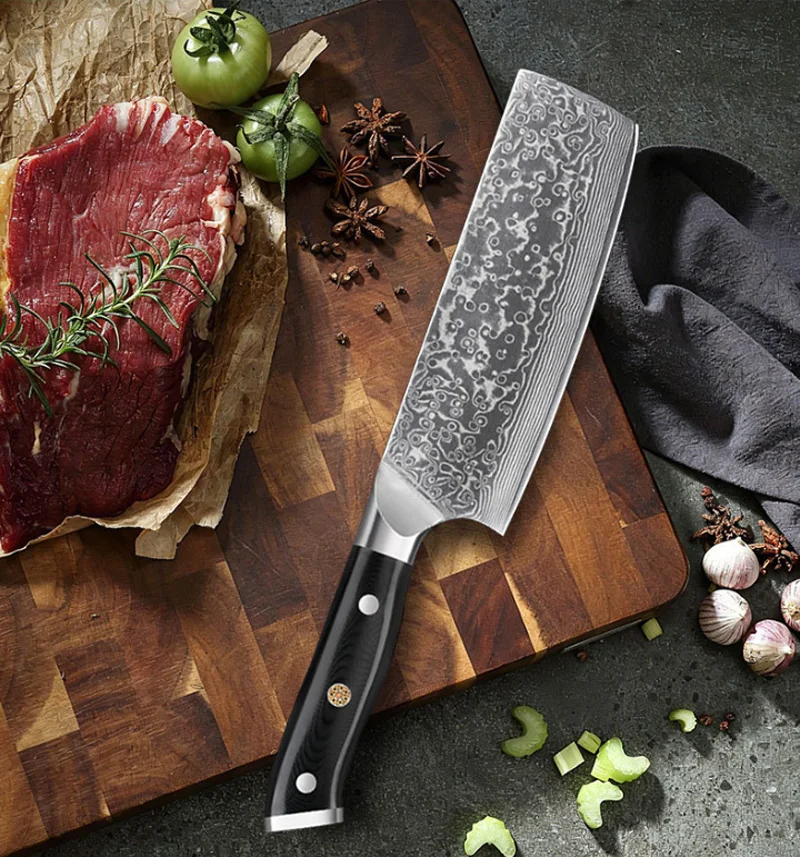 WILDMOK 67 Layers Damascus Steel Blade 7 Inch Nakiri Knife ,G10 Handle Vegetable Cleaver for Home Kitchen Food Preparation