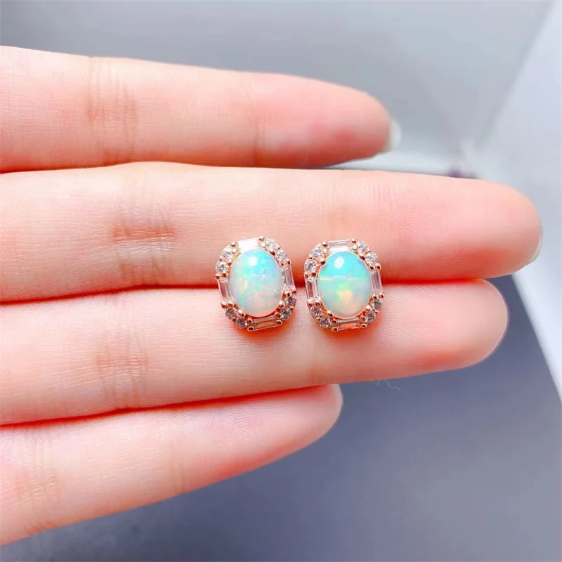 

Valentine's Day Birthday Gift Natural Opal Earrings 925 Silver Stud Earrings 8x6mm Gemstone with Certificate