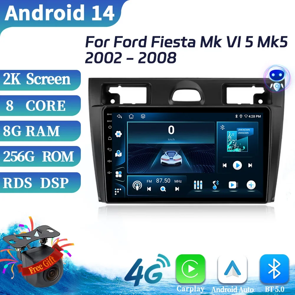 For Ford Fiesta Mk VI 5 Mk5 2002-2008 Android 14 Car Auto Wireless Carplay Radio Multimedia GPS Navigation 2 din Screen Stereo