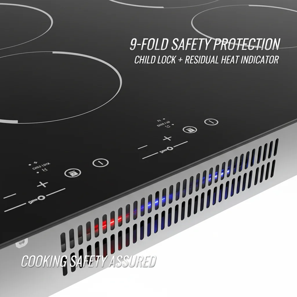 Placa de Cocina Eléctrica de Cerámica de 3000W y 4 Quemadores, 110V, 9 Niveles de Calentamiento, Control Táctil con Sensor, Estufa Radiante Integrada para Encimera con Bloqueo de Seguridad para Niños y Temporizador para Cocina (Sin Enchufe), Negra 5