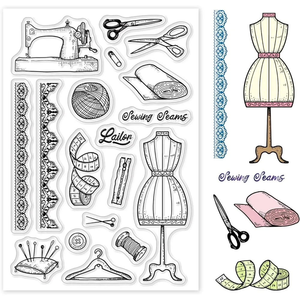 Vintage Clear Stamps Transparent Silicone Stamp Sewing Machine Wool Tape Measure Cloth Skirt for Card Making Decoration