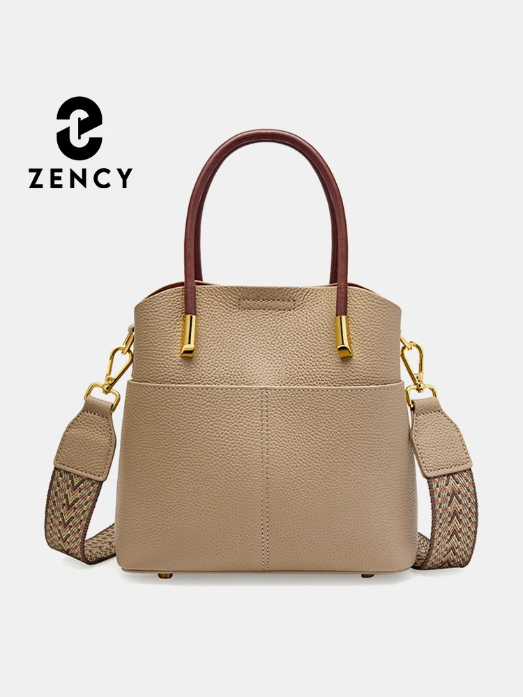 Zency Genuine Leather Top Quality Bucket Bag for Women Versatile Handbag Leather Tote Bag High Sense Crossbody Shopper Bags