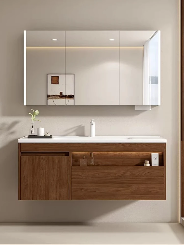 

New Chinese bathroom cabinet ceramic integrated basin bathroom antique honeycomb aluminum walnut pattern washstand