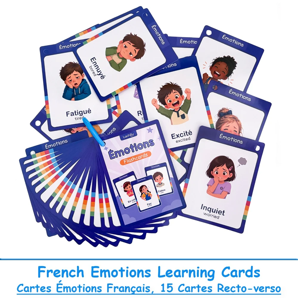 Bilingual French and English Emotion Theme Learning Cards for Kids Double-Sided Feelings Educational Flashcards Teaching Aids