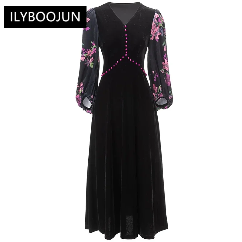 

Autumn Velvet Dress Women V-Neck Lantern Sleeve Beading Flower Print Black Dresses For Women 2023 Luxury Brand High Quality