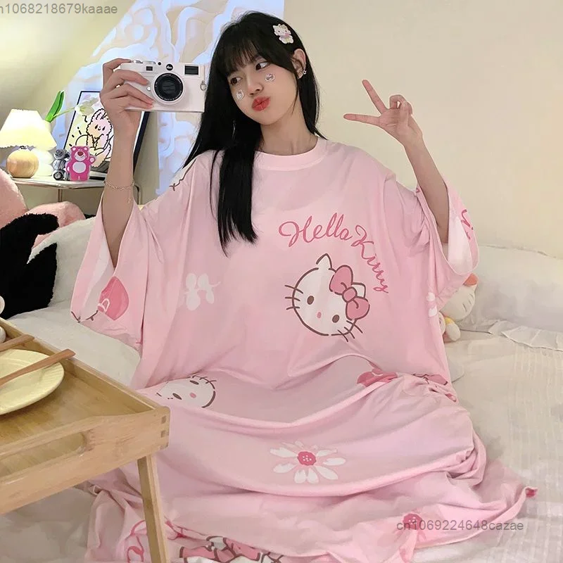 Sanrio Hello Kitty Pink Loose Pajama Dress Women Summer Dresses Cartoon Korean Style Cute Long T-shirts Y2k Female Nightgown