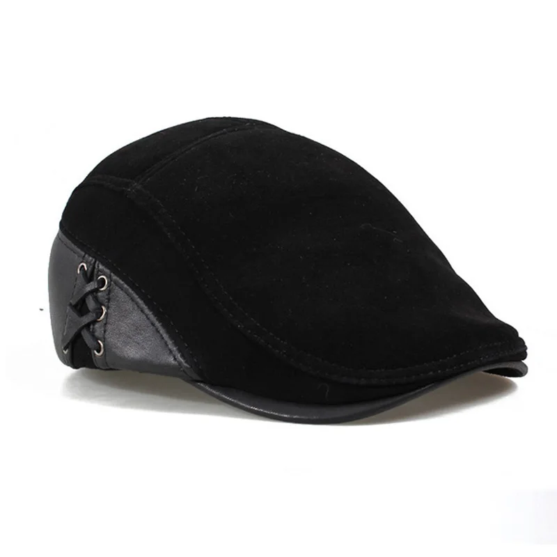 Golf European Style Genuine Leather Caps Beret Man Casual Sheepskin Suede Black/Brown Fitted Duckbill Hats Male Boina